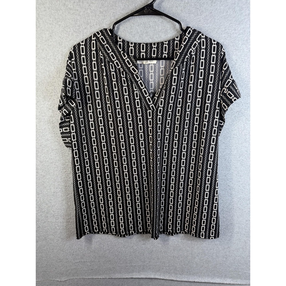 Perseption Concept Blouse Womens Large Black Geometric V Neck Short Sleeve Top